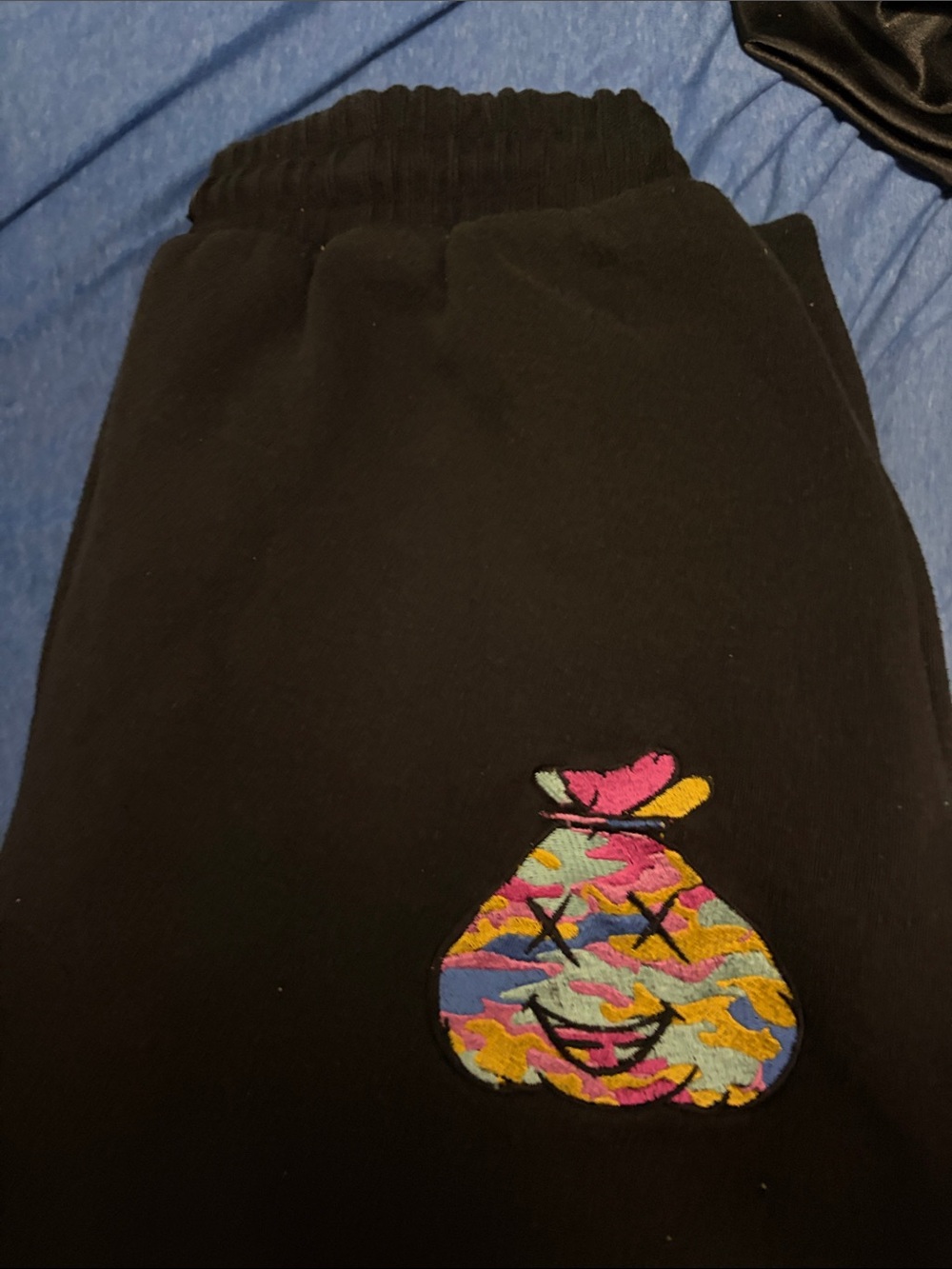 Black Joggers with Colorful Embroidered Patch
